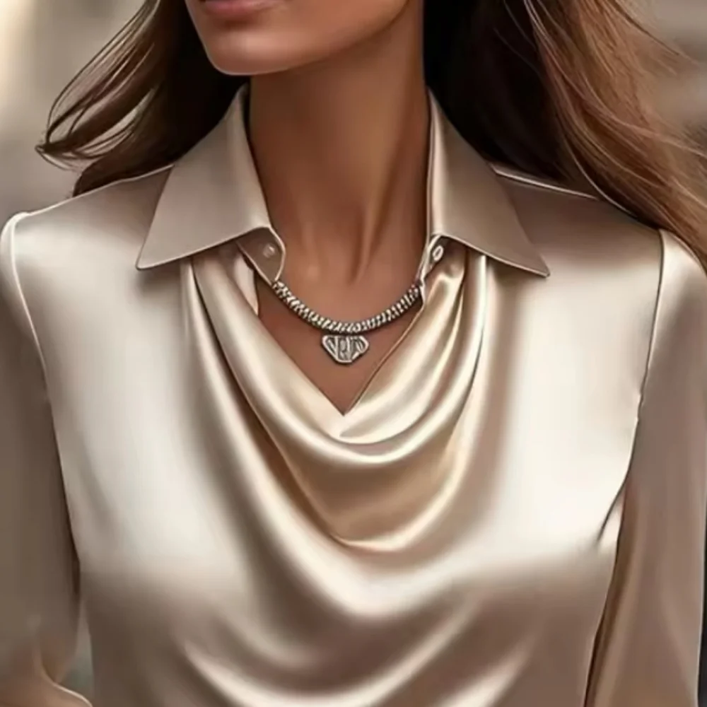 Satin Women Shirt Vintage Long Sleeve Blouse WomenSilk Elegant Womens Tops Comm - Picture 2 of 5